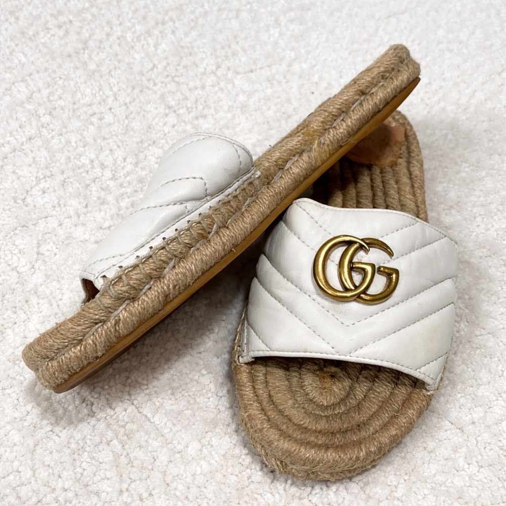 Gucci Marmont GG Gold White Quilted Leather Espadrille Slide Sandals - Picture 3 of 7